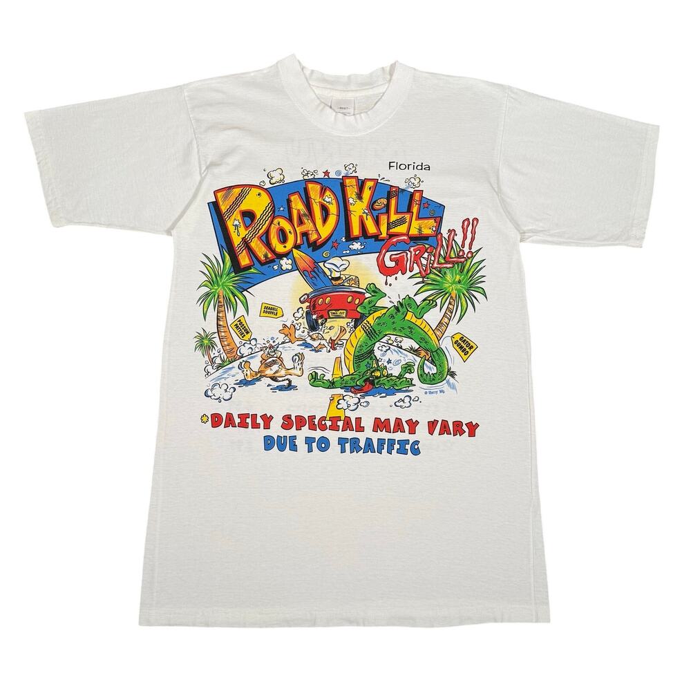 Vintage Road Kill Grill Florida T Shirt White Menu Funny Gag Joke Gift Size S